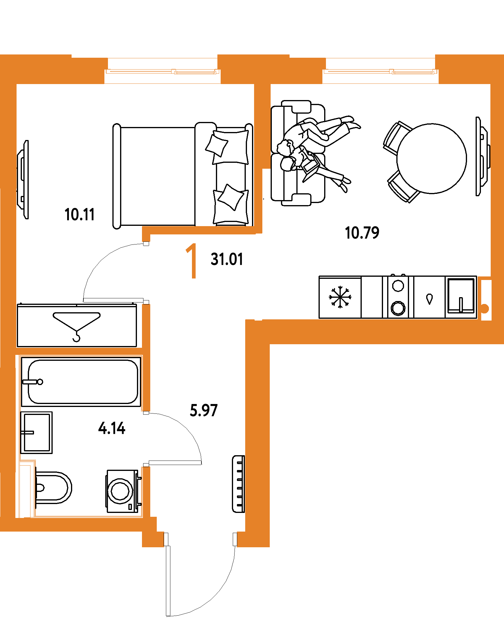 Планировка: 1-комнатная 31,01 м² в ЖК «Европейский берег 2.0»