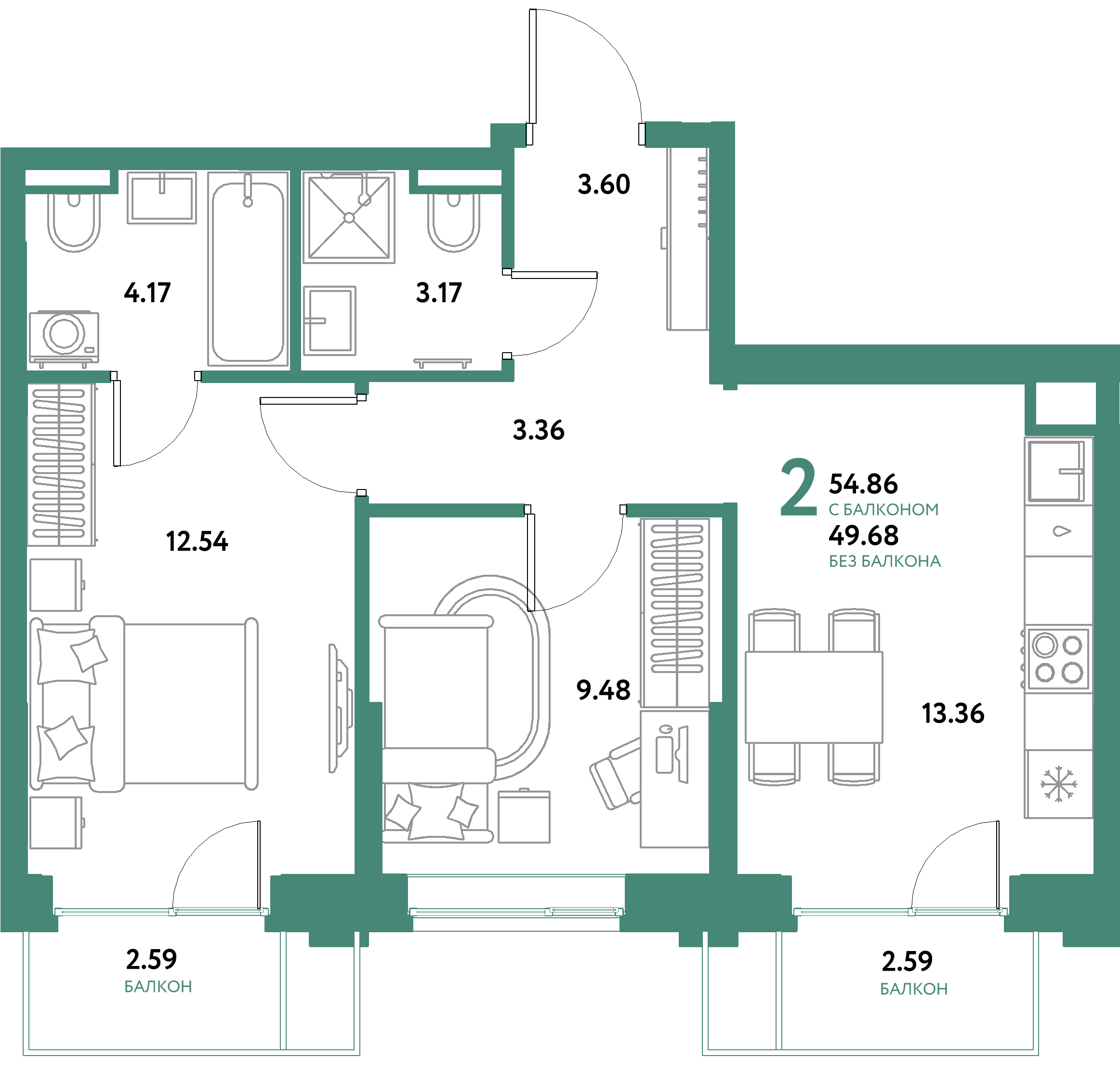 Планировка: 2-комнатная 54,86 м² в ЖК «Остров-сад»