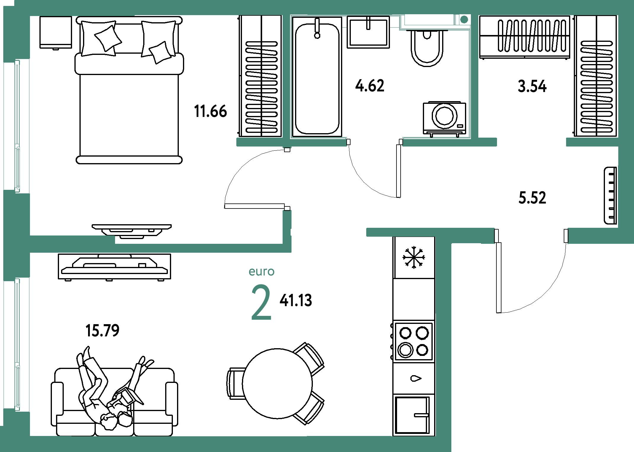Планировка: Евродвушка 41,13 м² в ЖК «Сердце Сибири»