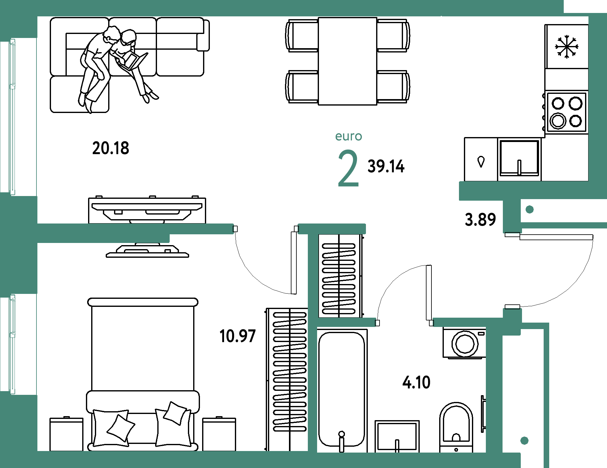 Планировка: Евродвушка 39,14 м² в ЖК «Домашний»