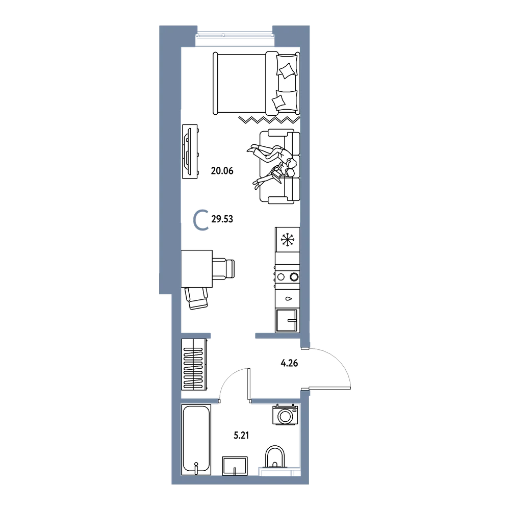 Планировка: Студия 29,53 м²