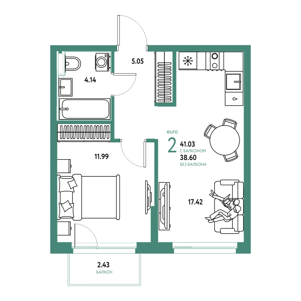 Планировка: Евродвушка 41,03 м²
