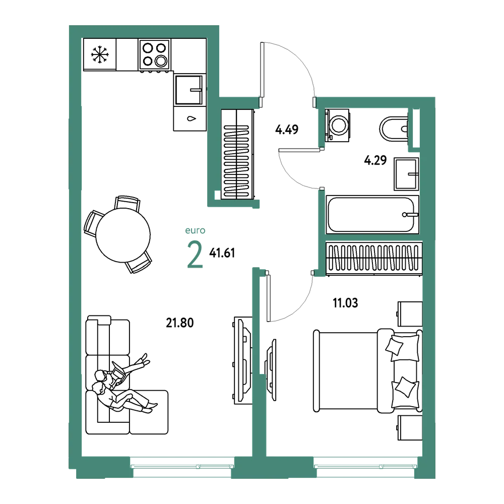 Планировка: Евродвушка 41,61 м²