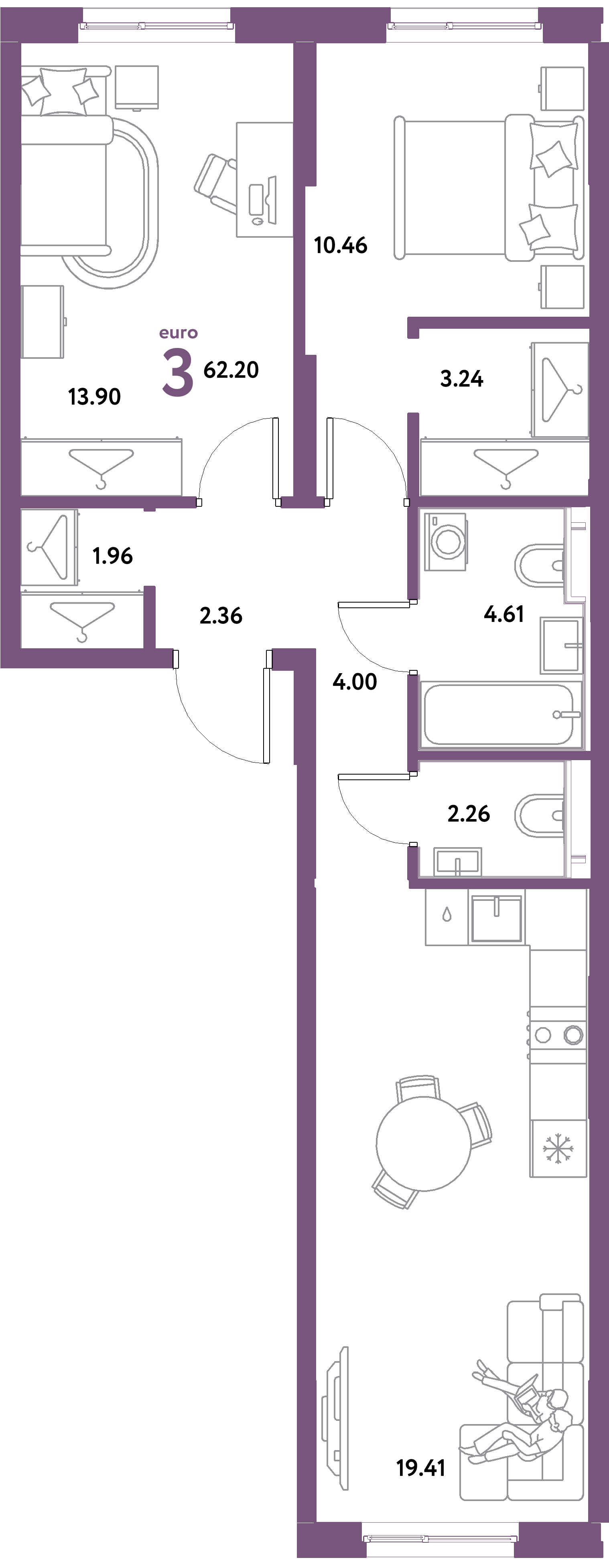 Планировка: Евротрёшка 62,2 м² в ЖК «Остров-сад»