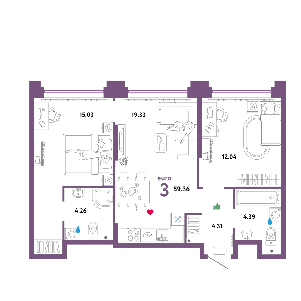 Планировка: Евротрёшка 59,36 м²