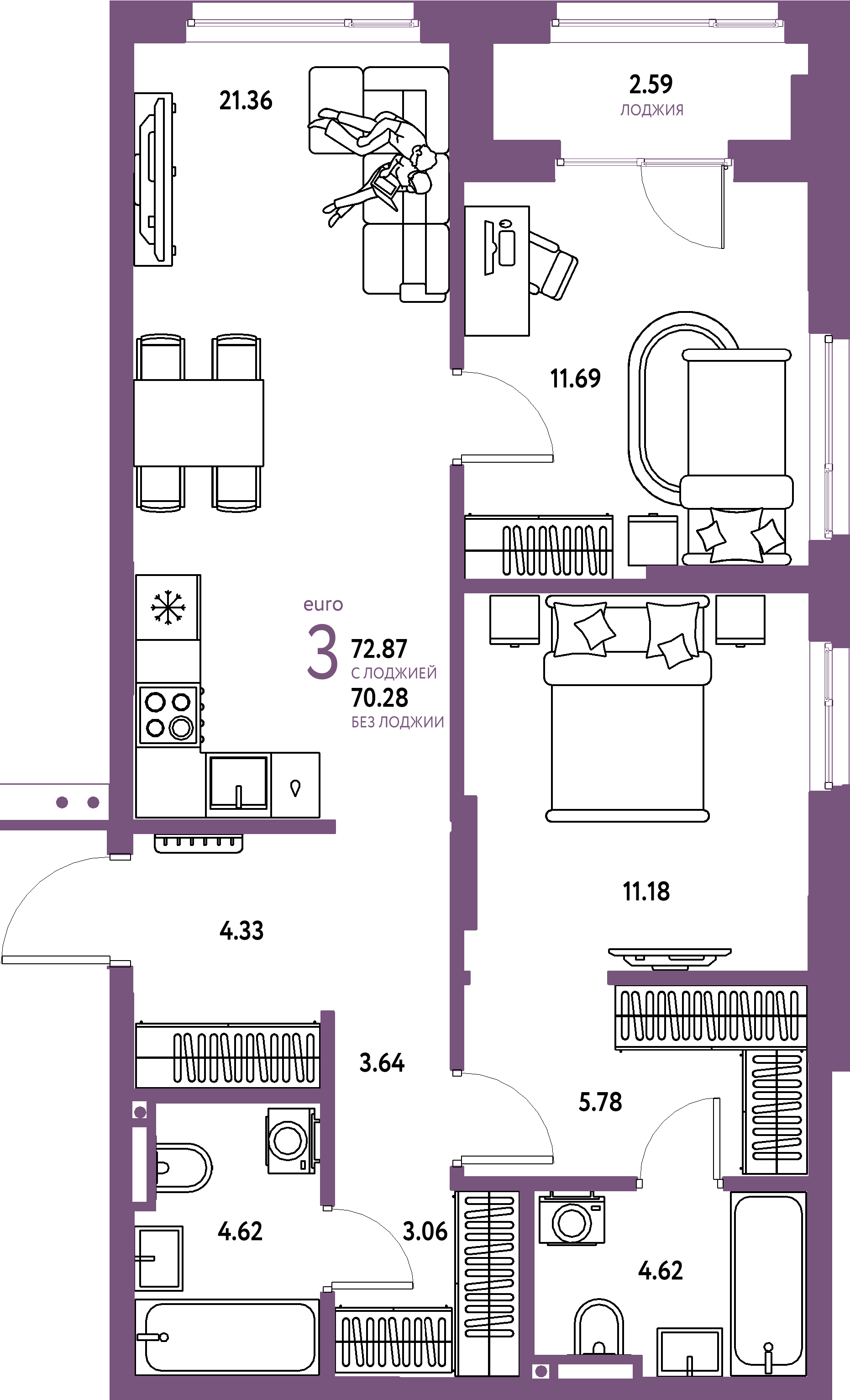 Планировка: Евротрёшка 72,87 м² в ЖК «Страна.Прибрежная»