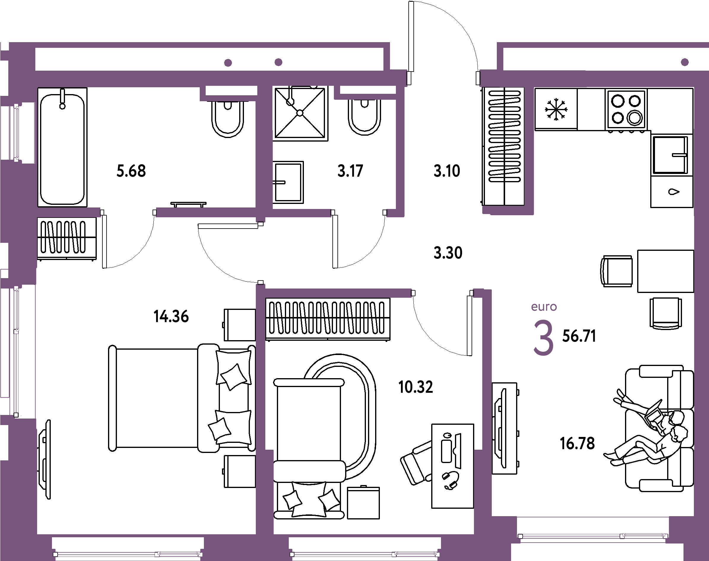 Планировка: Евротрёшка 56,71 м² в ЖК «Страна.Прибрежная»