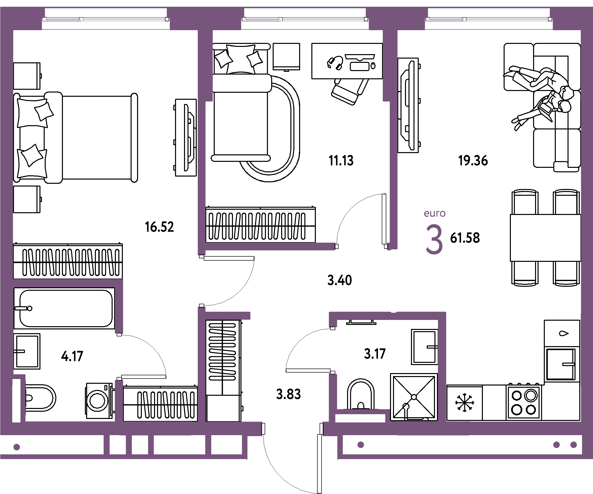 Планировка: Евротрёшка 61,58 м² в ЖК «Страна.Прибрежная»