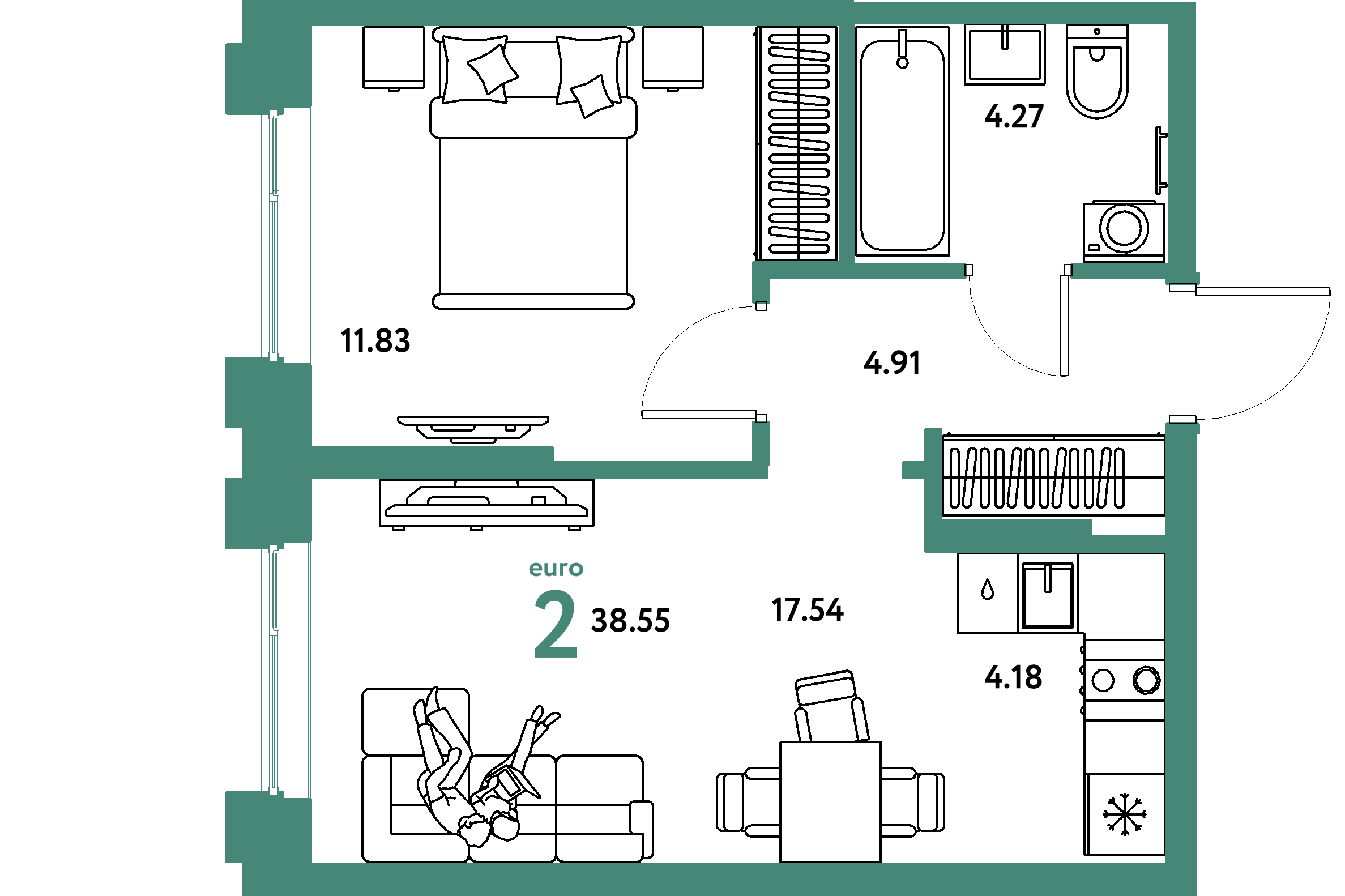 Планировка: Евродвушка 38,55 м² в ЖК «Европейский берег 2.0»