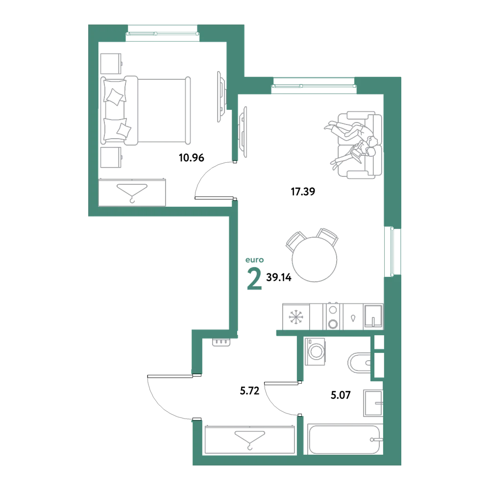 Планировка: Евродвушка 39,14 м²