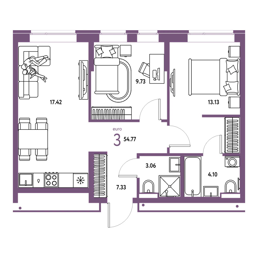 Планировка: Евротрёшка 54,77 м²