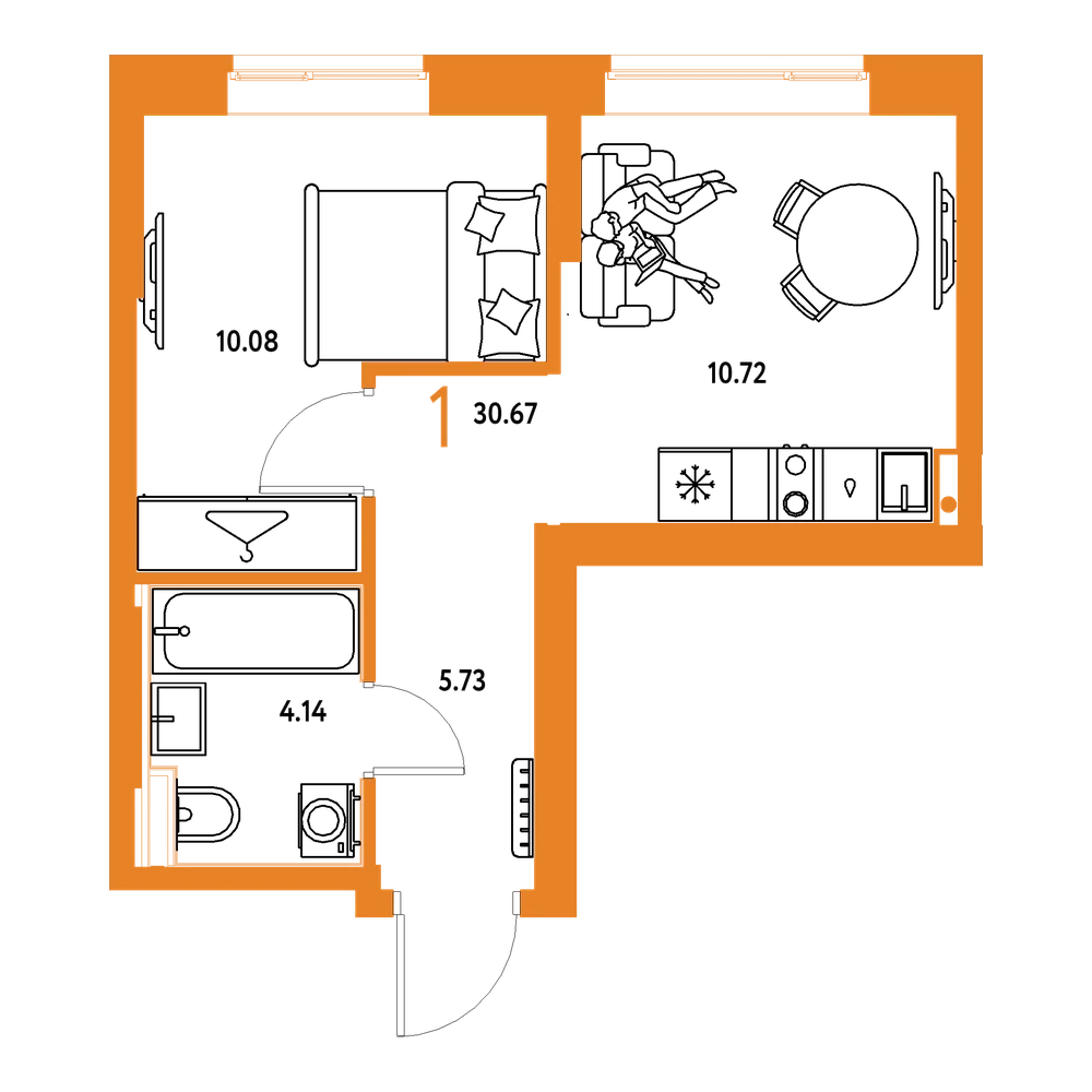 Планировка: 1-комнатная 30,67 м²
