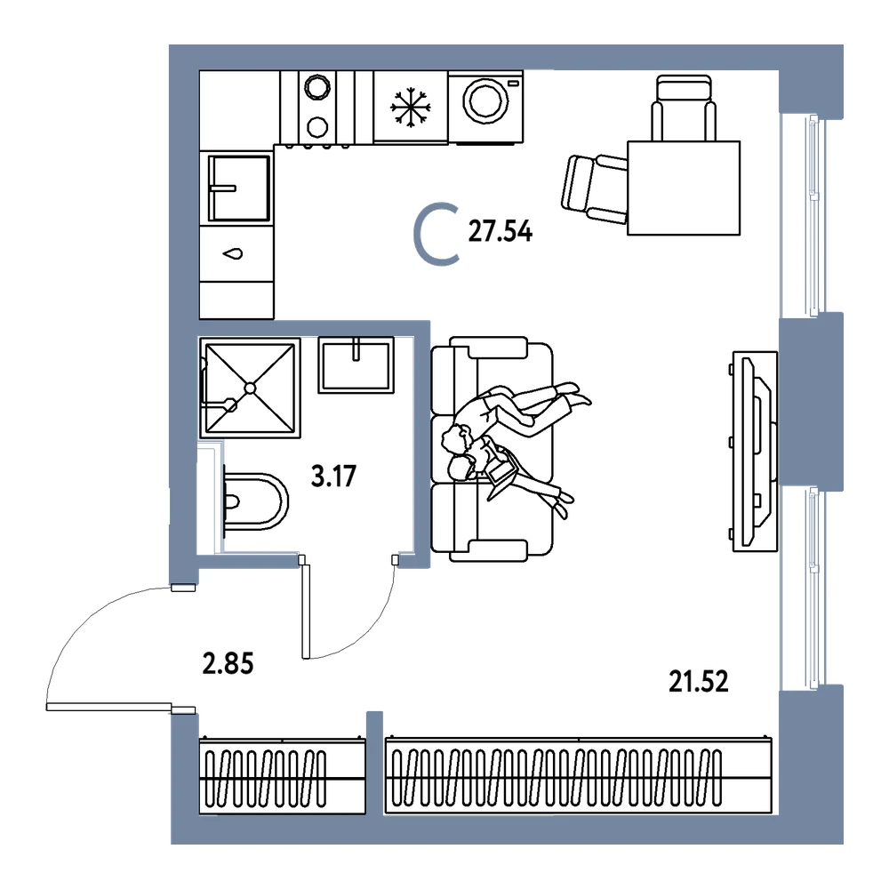 Планировка: Студия 27,54 м²