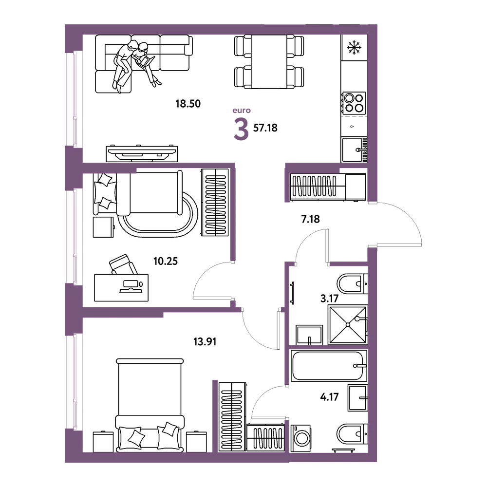 Планировка: Евротрёшка 57,18 м²