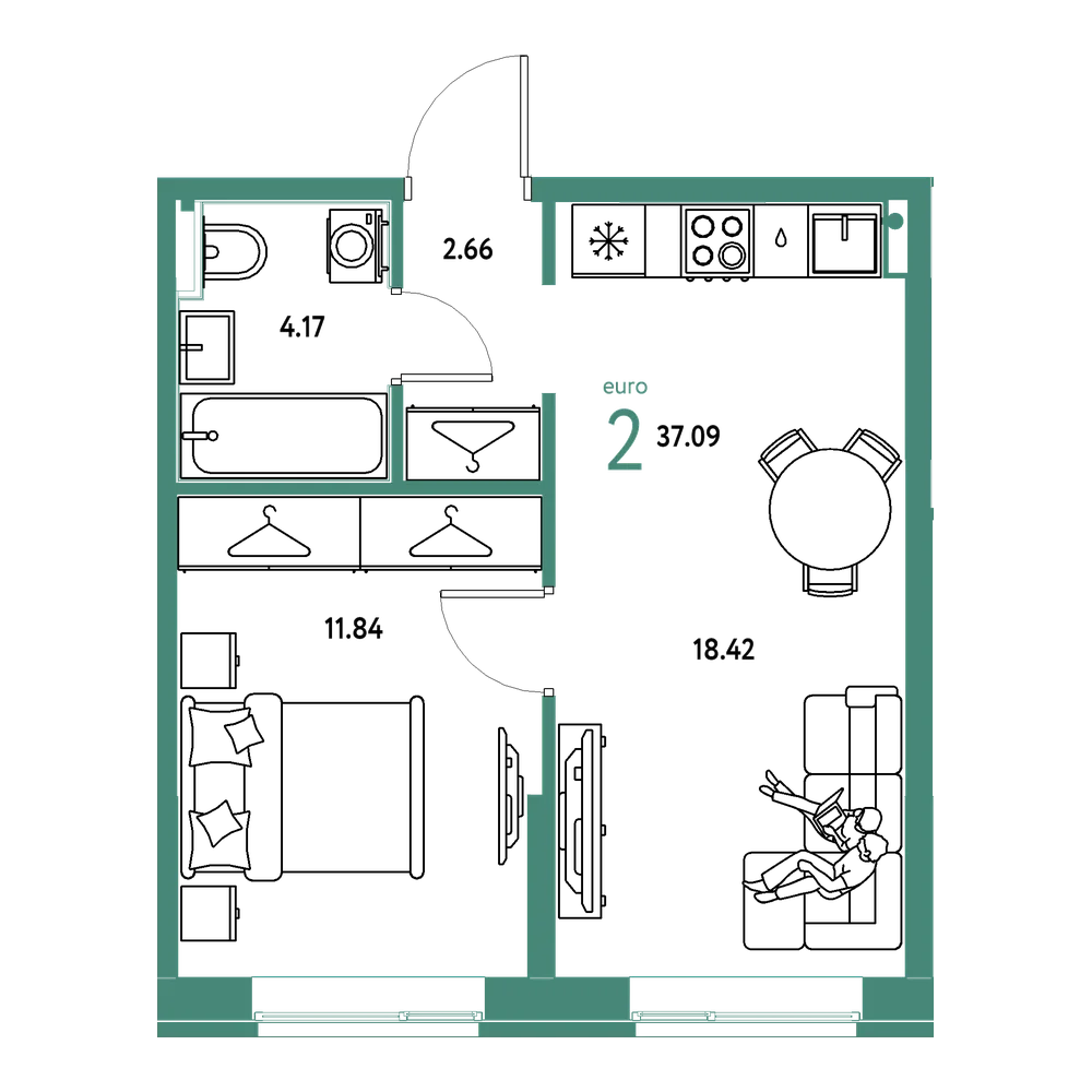 Планировка: Евродвушка 37,09 м²