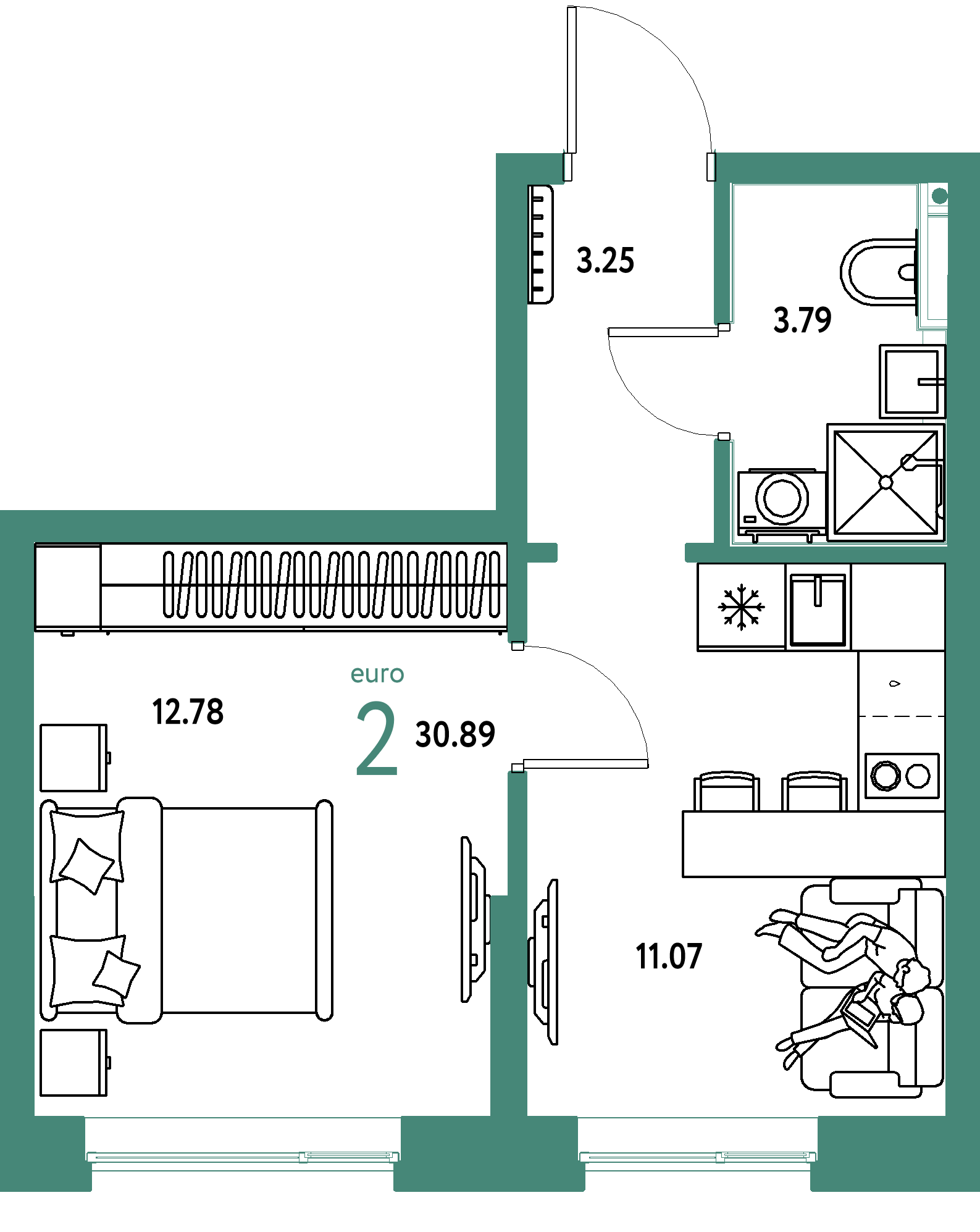 Планировка: Евродвушка 30,89 м² в ЖК «Остров-сад»