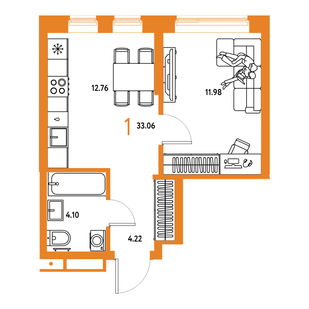 Планировка: 1-комнатная 33,06 м²