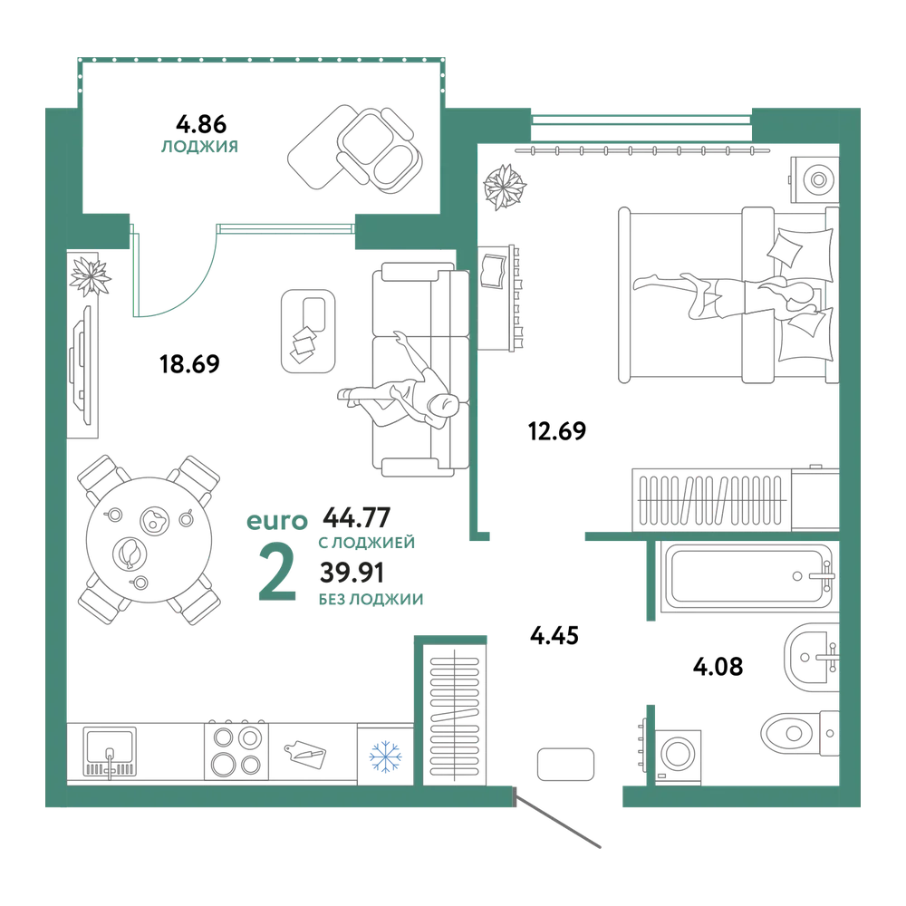 Планировка: Евродвушка 44,93 м²