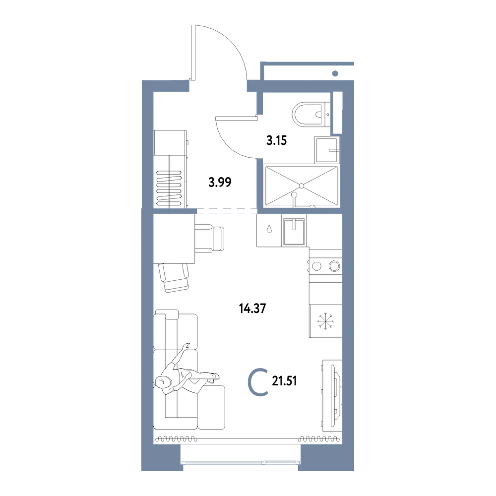 Планировка: Студия 21,51 м²