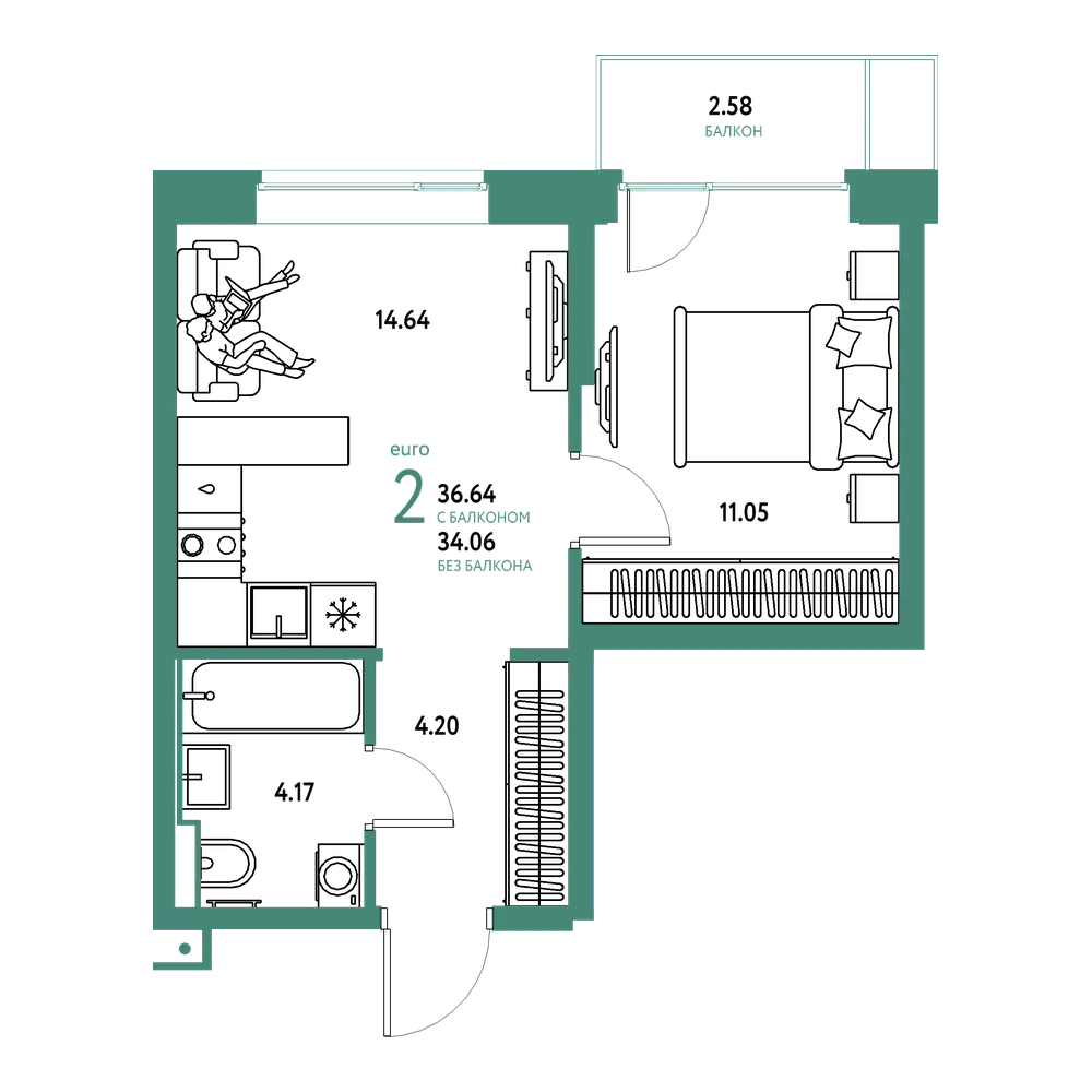 Планировка: Евродвушка 36,64 м²
