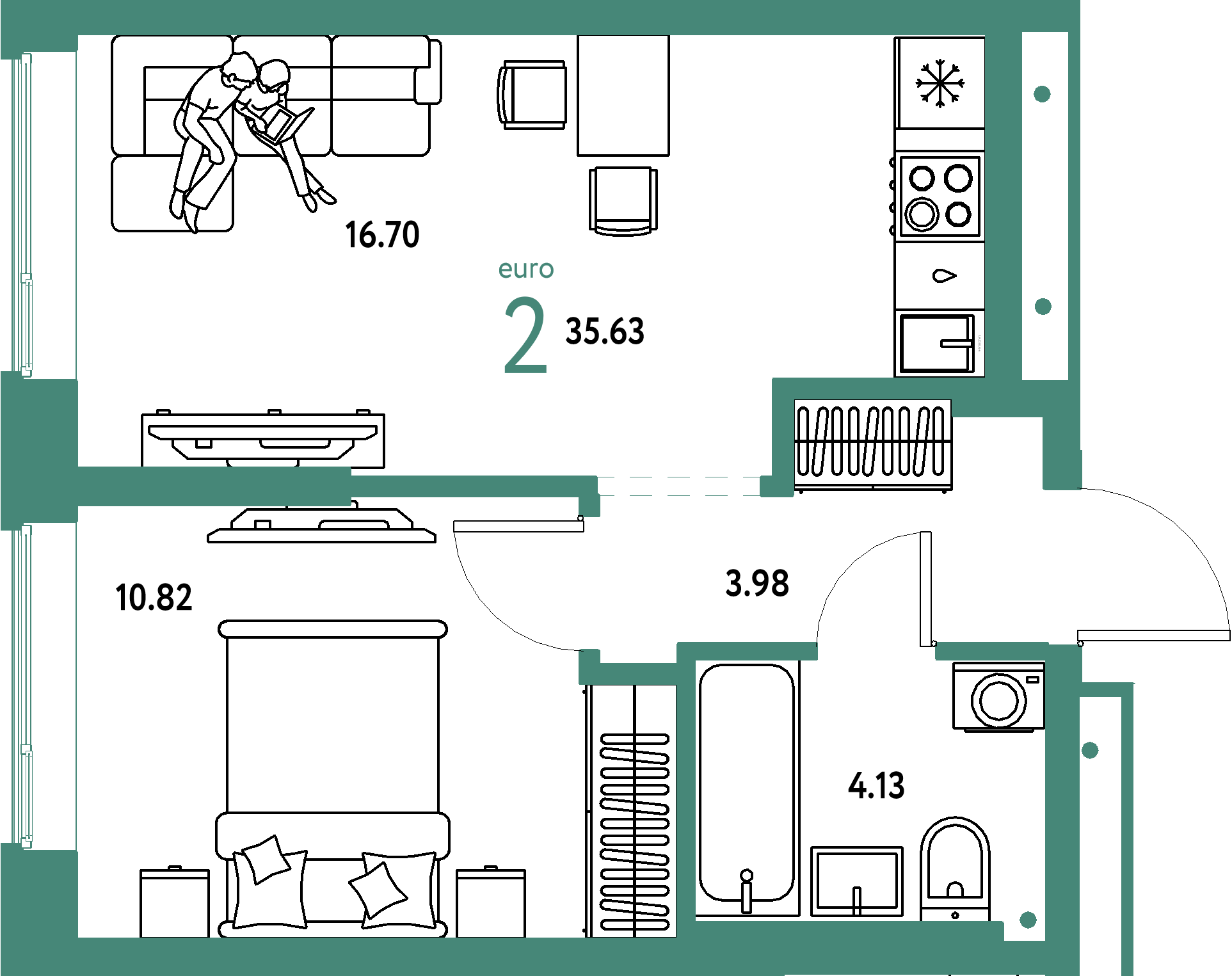 Планировка: Евродвушка 35,63 м² в ЖК «Домашний»