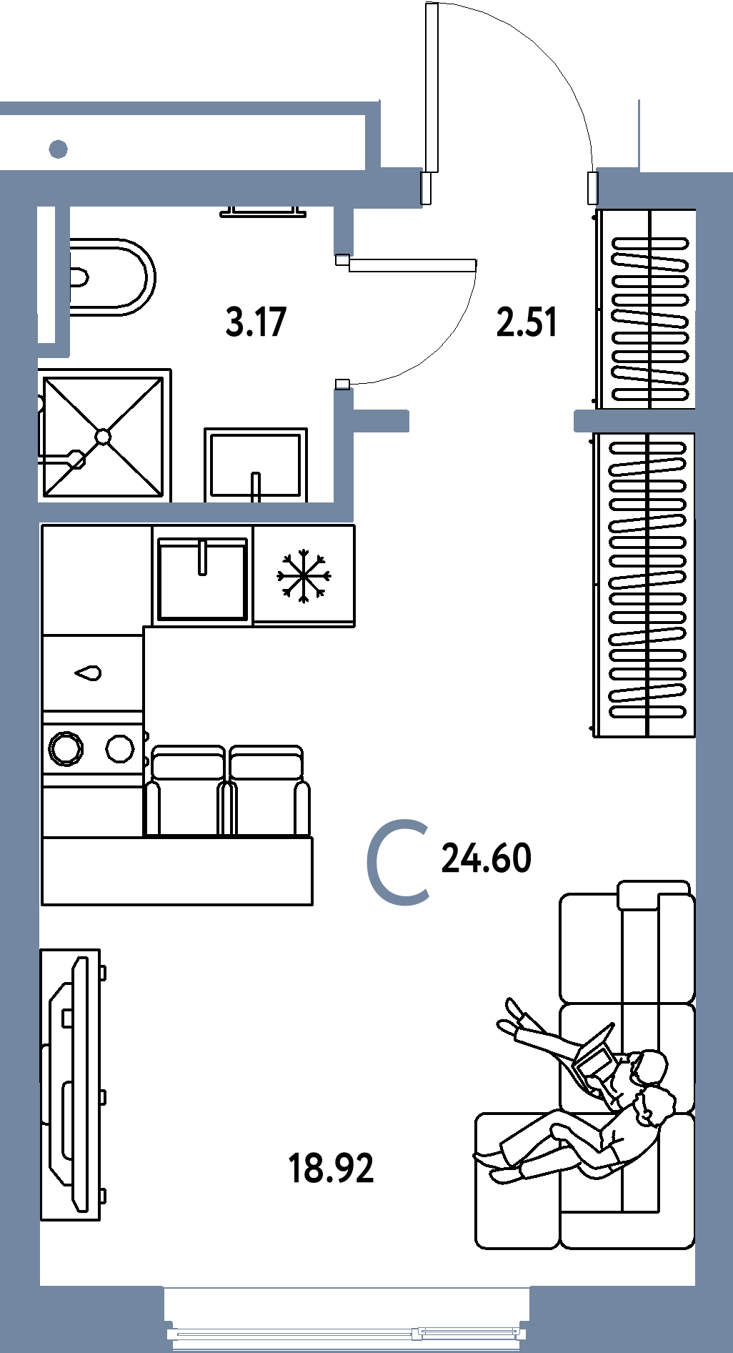 Планировка: Студия 24,6 м² в ЖК «Страна.Прибрежная»