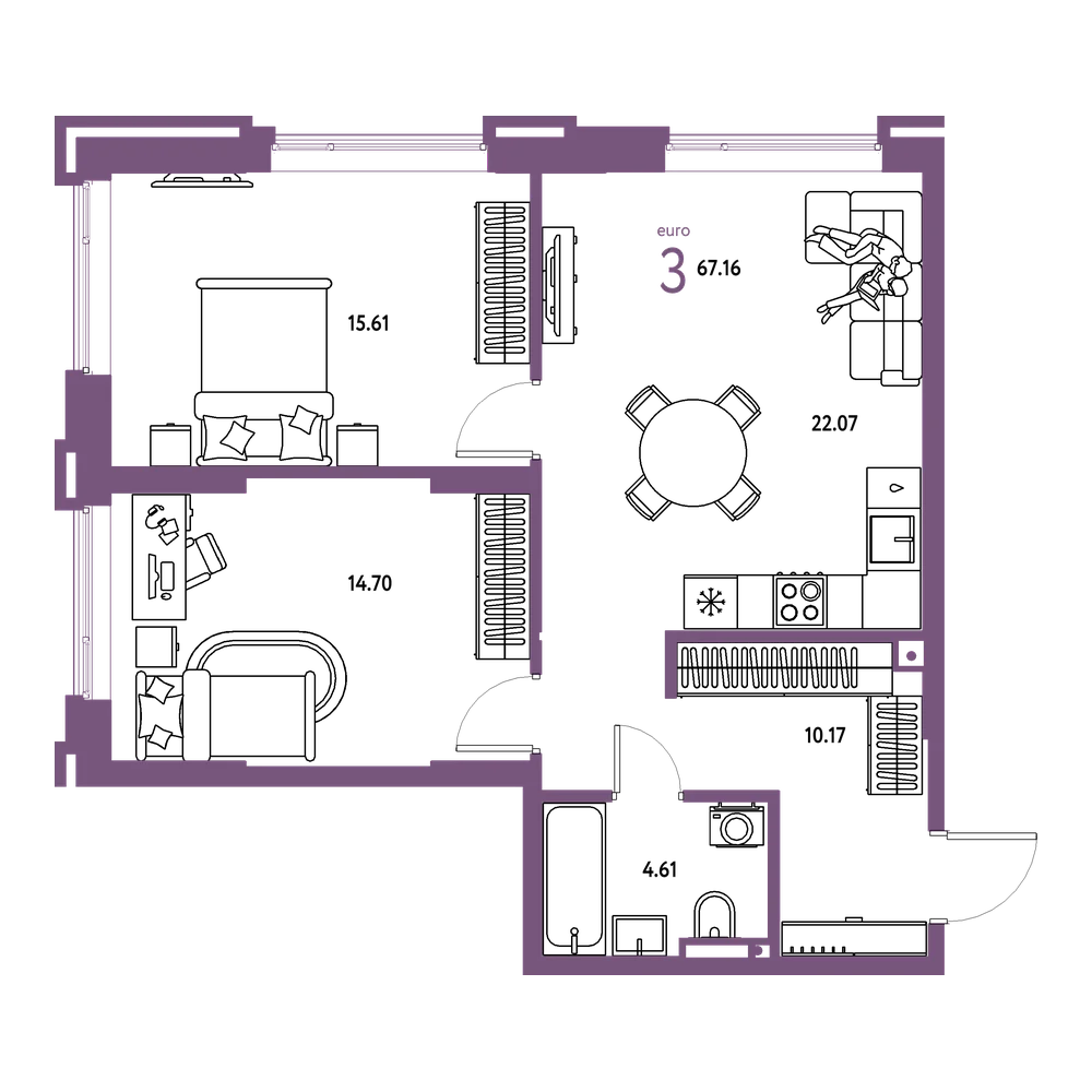 Планировка: Евротрёшка 67,16 м²