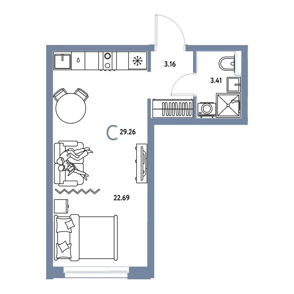 Планировка: Студия 29,26 м²