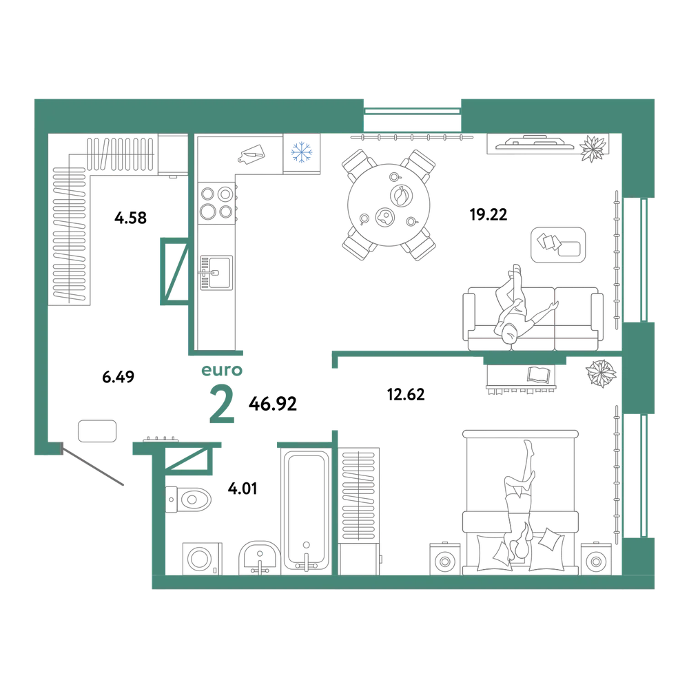 Планировка: Евродвушка 46,92 м²