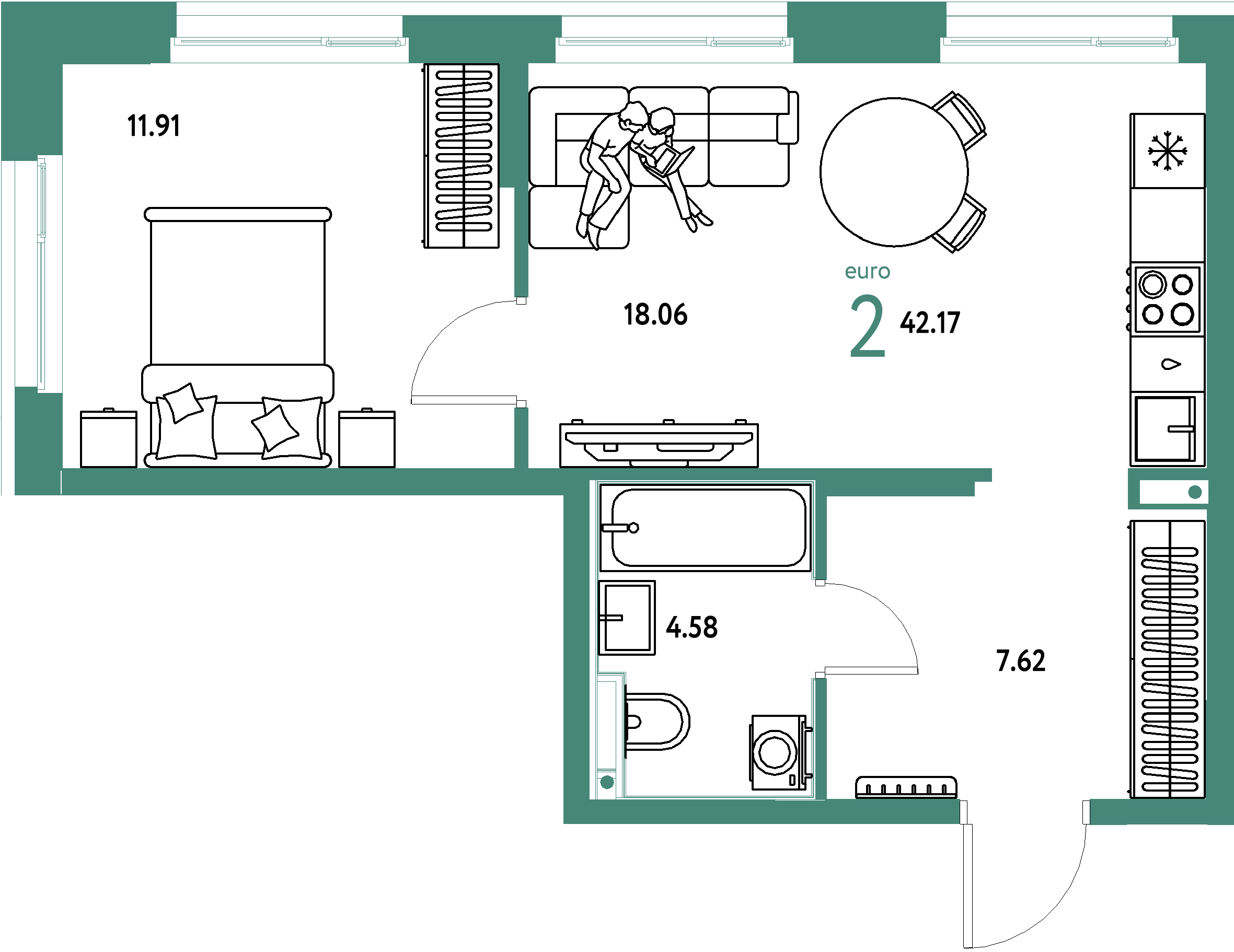 Планировка: Евродвушка 42,17 м² в ЖК «Домашний»