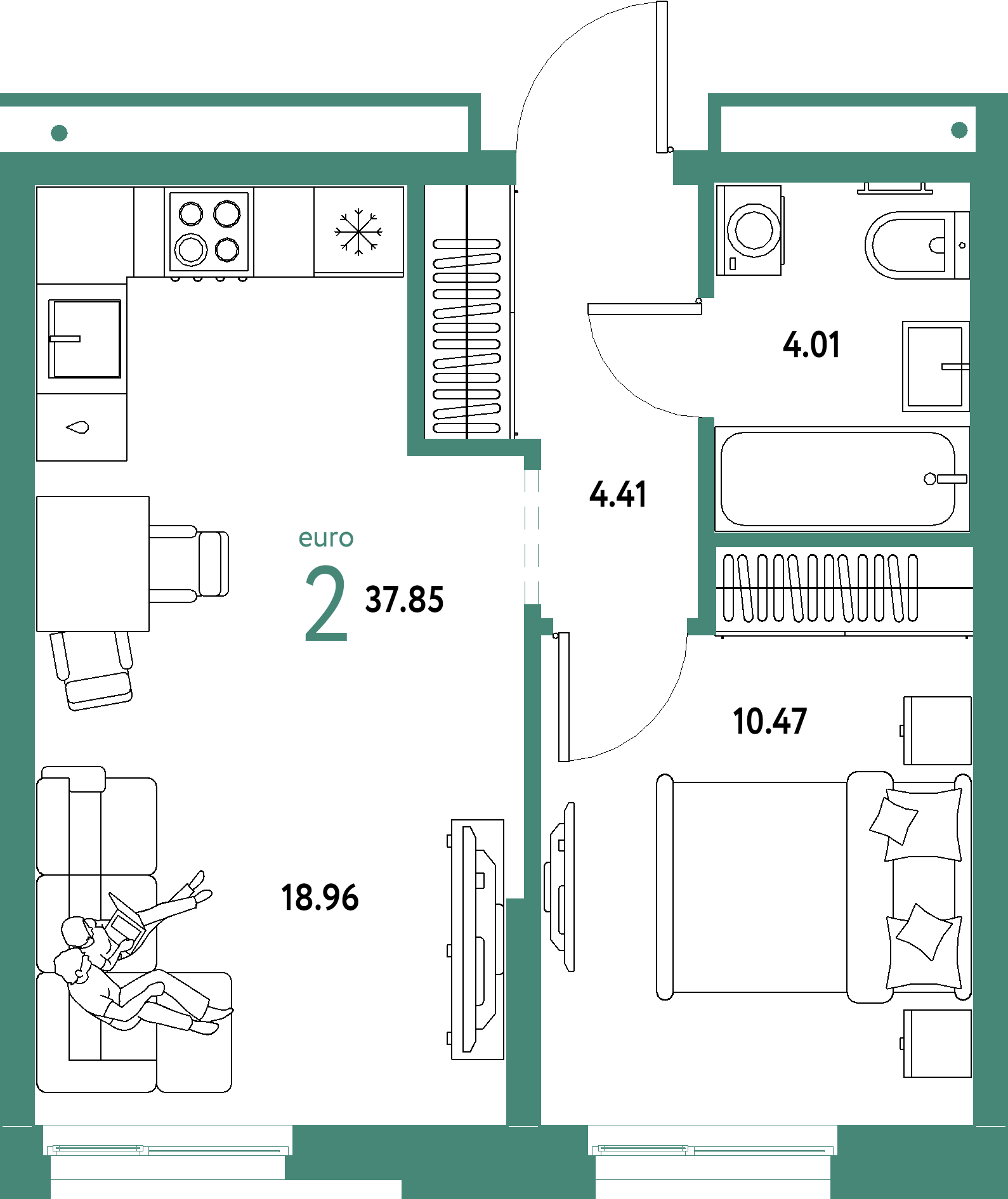 Планировка: Евродвушка 37,85 м² в ЖК «Домашний»
