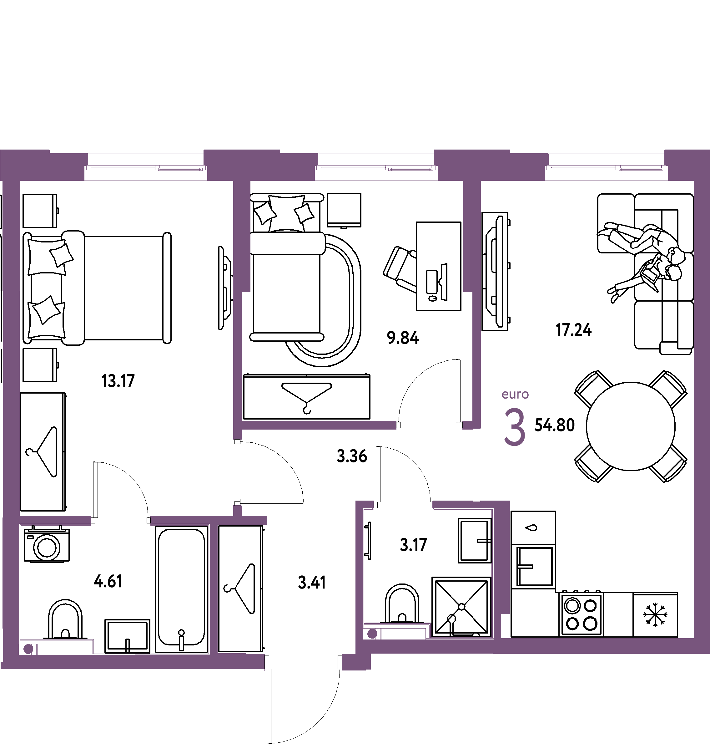 Планировка: Евротрёшка 54,8 м² в ЖК «Европейский берег 2.0»