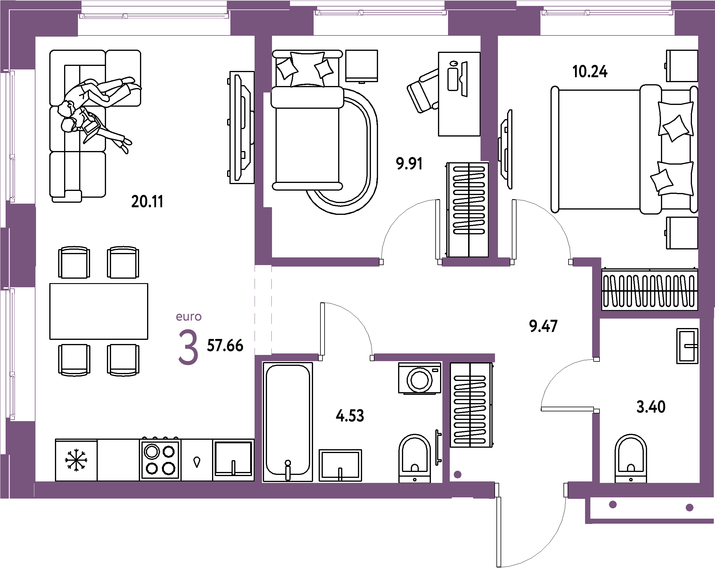 Планировка: Евротрёшка 57,66 м² в ЖК «Домашний»