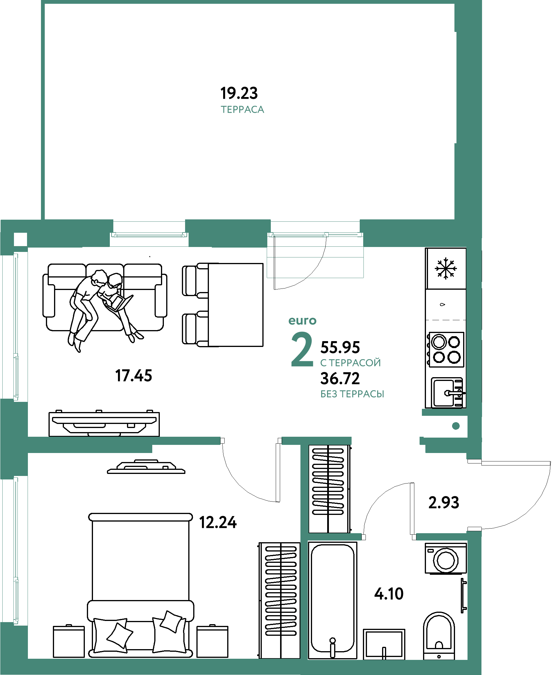 Планировка: Евродвушка 55,95 м² в ЖК «Европейский берег 2.0»
