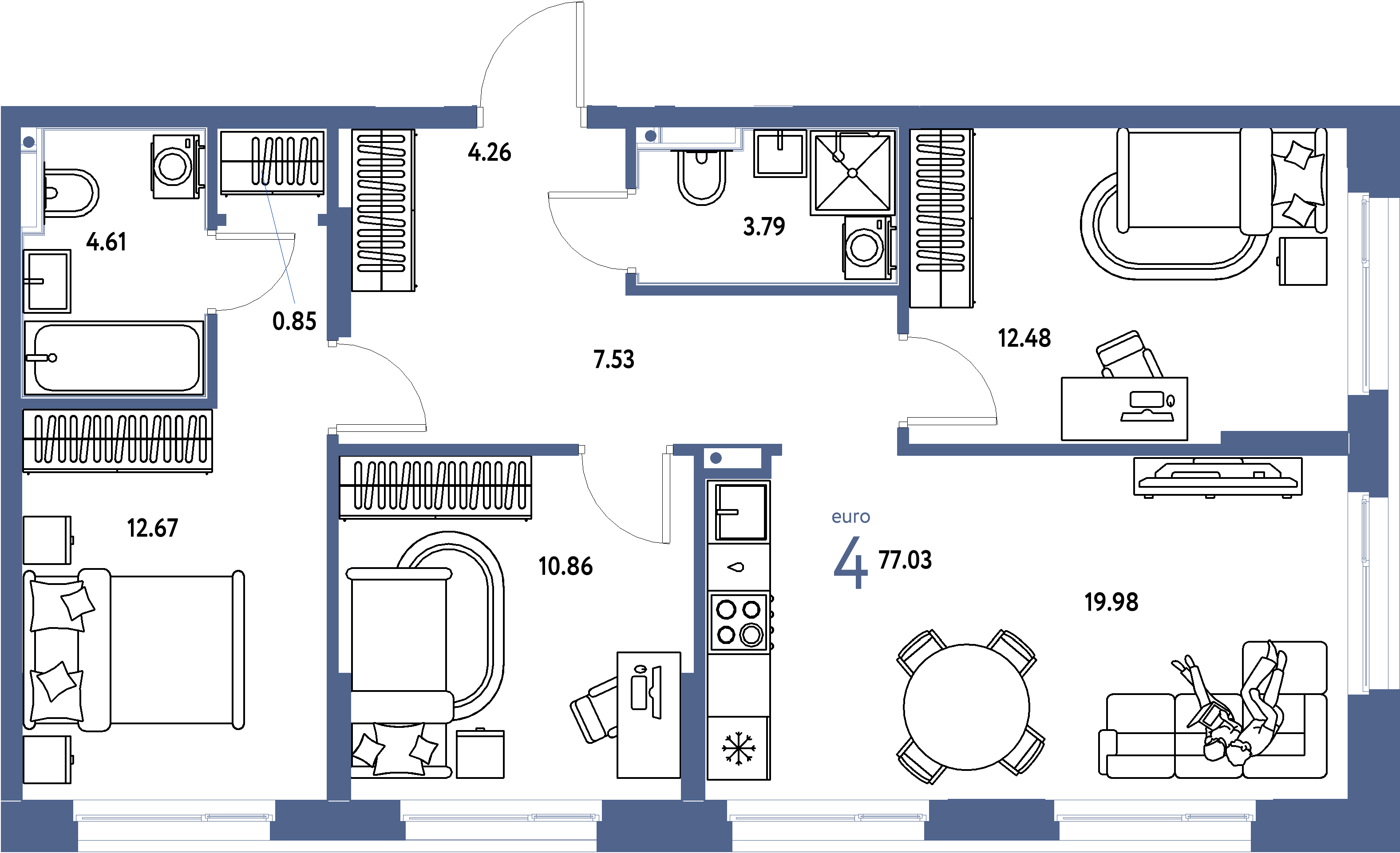 Планировка: Евро-4 77,14 м² в ЖК «Домашний»
