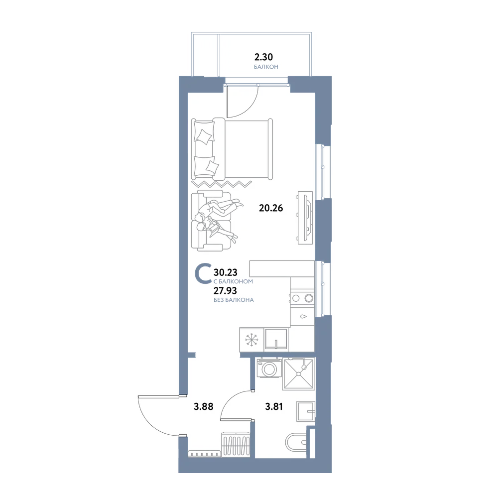 Планировка: Студия 30,23 м²