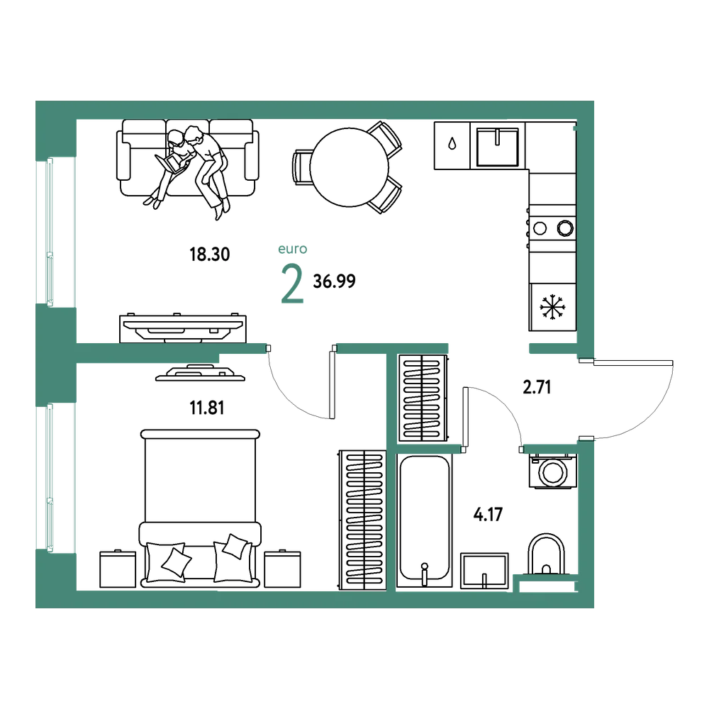 Планировка: Евродвушка 36,99 м²