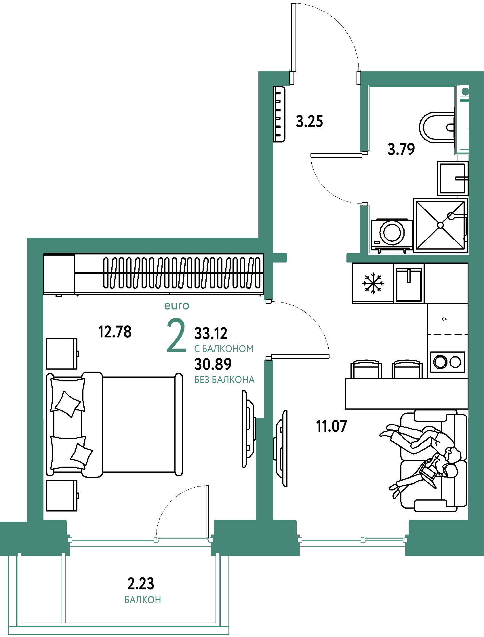 Планировка: Евродвушка 33,12 м² в ЖК «Остров-сад»