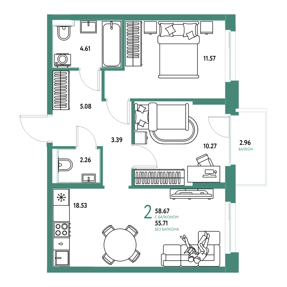 Планировка: 2-комнатная 58,39 м²