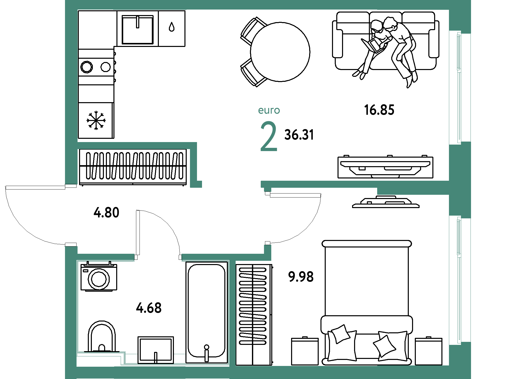 Планировка: Евродвушка 36,31 м² в ЖК «Сердце Сибири»