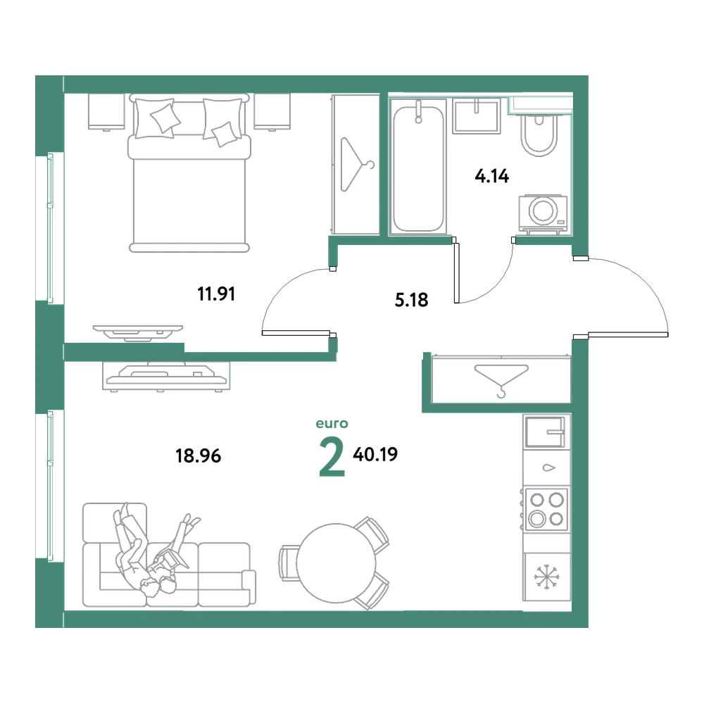 Планировка: Евродвушка 40,19 м²