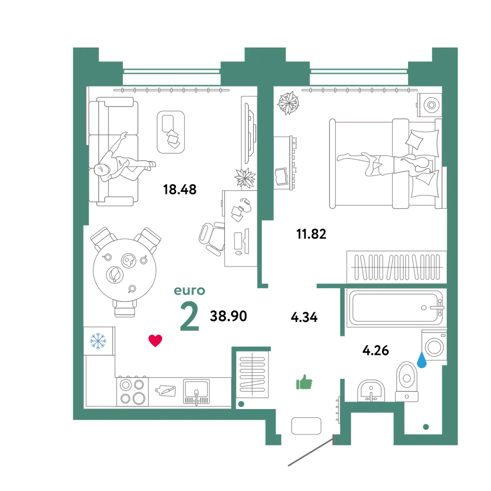 Планировка: Евродвушка 39,3 м²