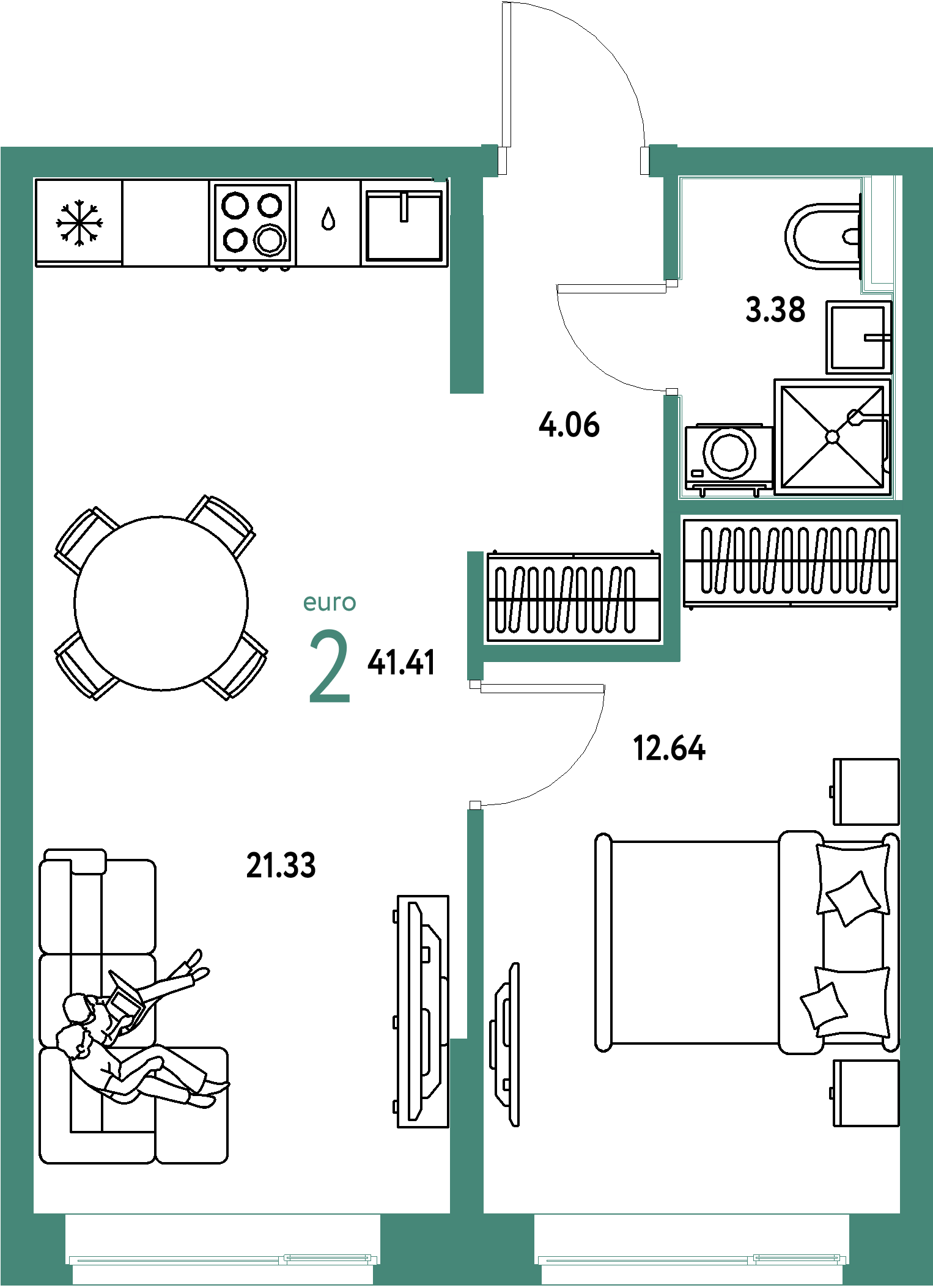 Планировка: Евродвушка 41,41 м² в ЖК «Домашний»