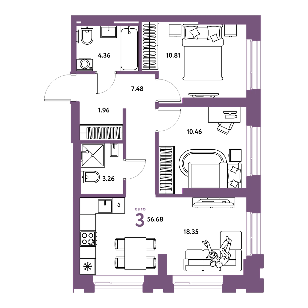 Планировка: Евротрёшка 56,68 м²