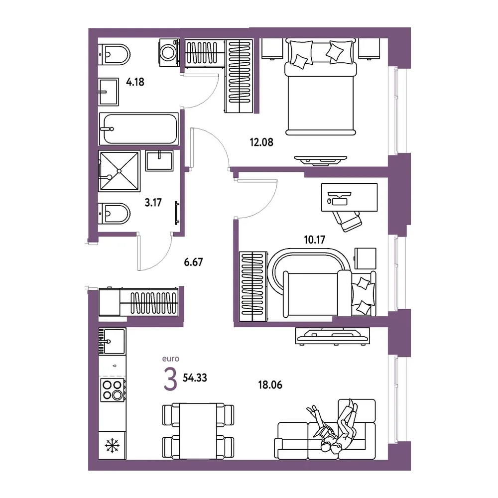 Планировка: Евротрёшка 54,33 м²