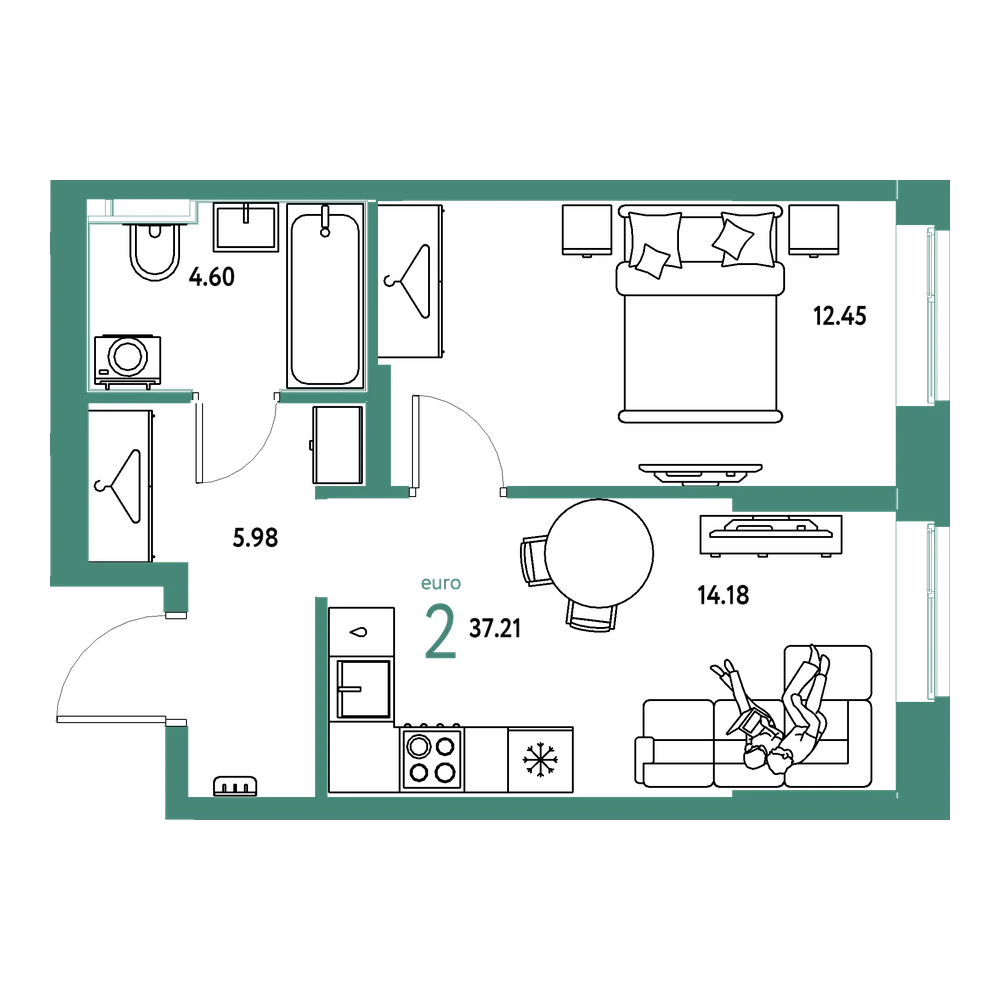 Планировка: Евродвушка 37,22 м²