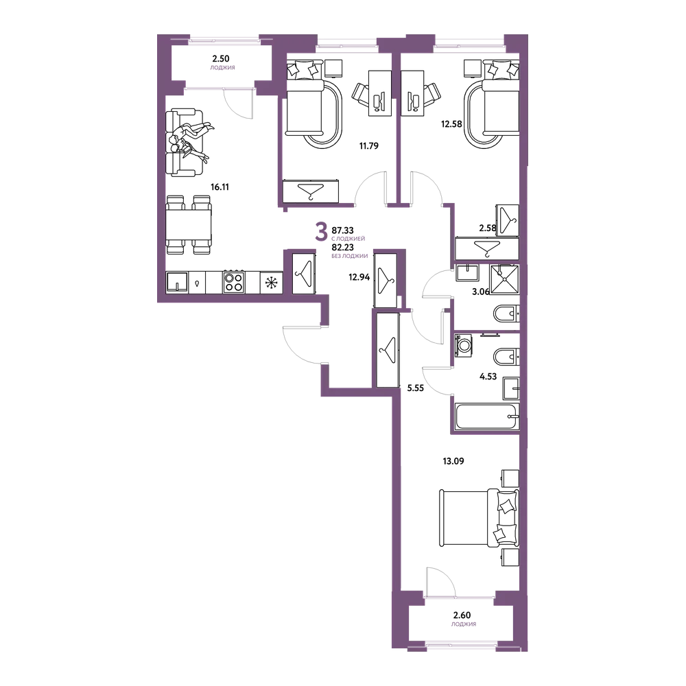 Планировка: 3-комнатная 87,33 м²