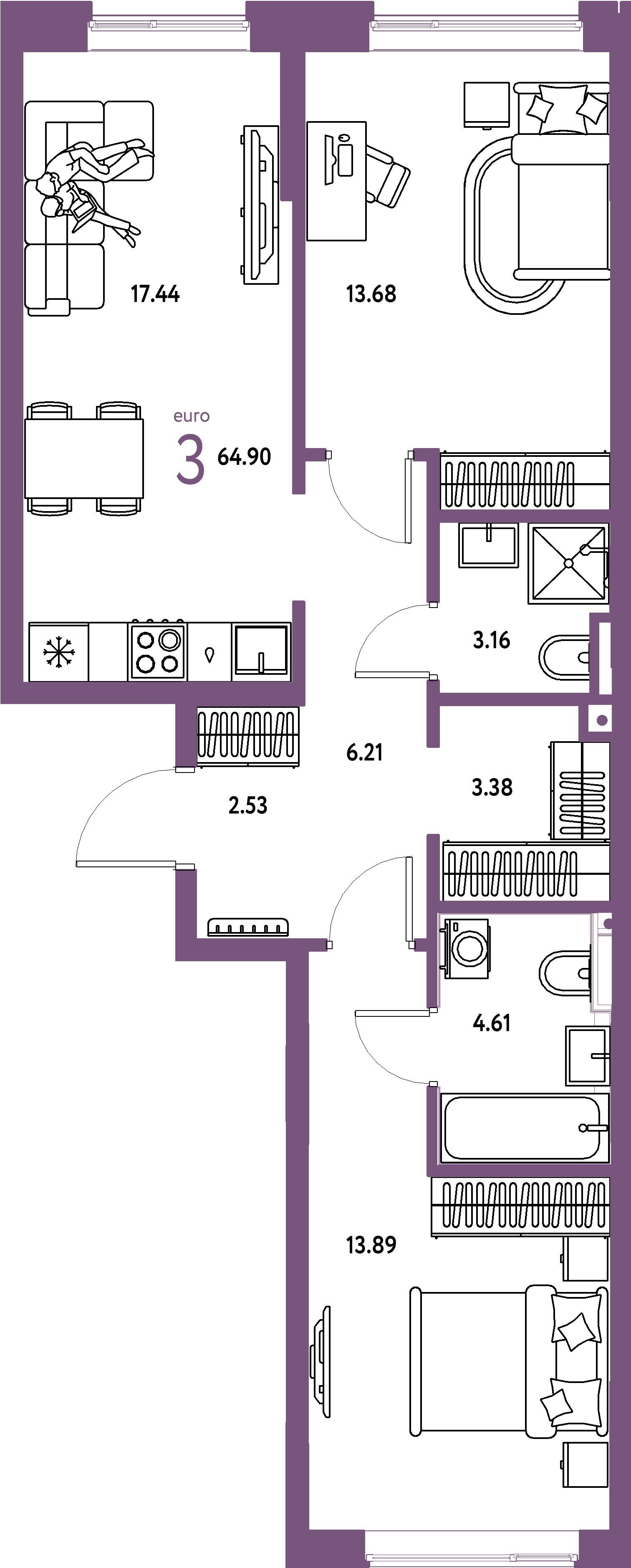 Планировка: Евротрёшка 64,9 м² в ЖК «Остров-сад»