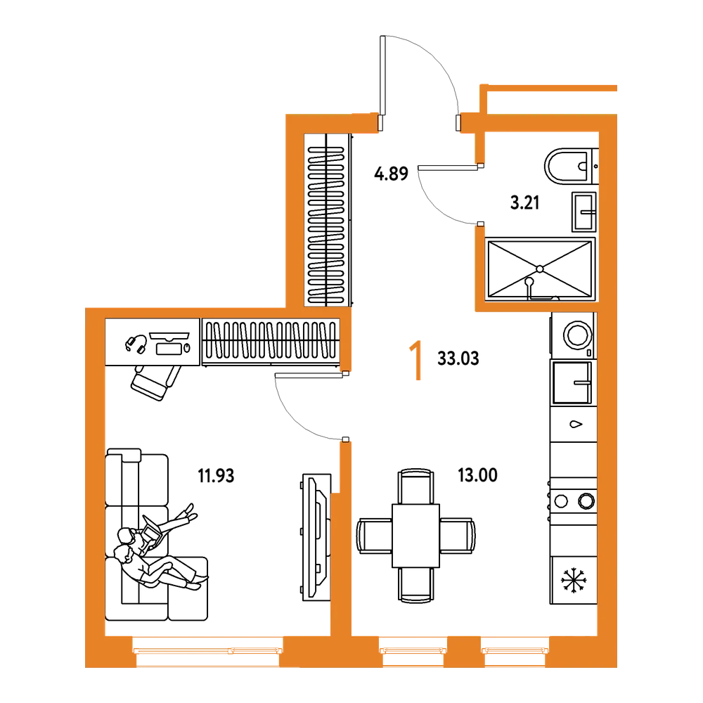 Планировка: 1-комнатная 33,03 м²