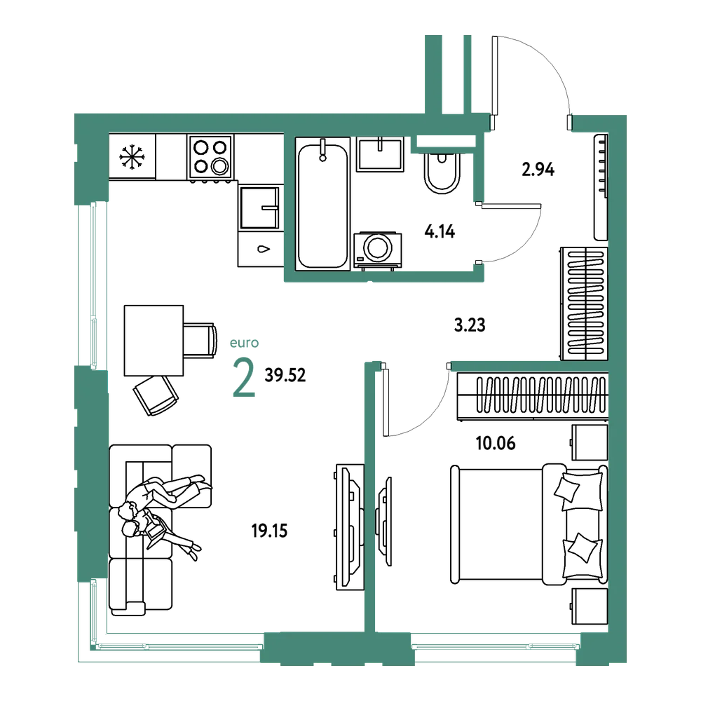 Планировка: Евродвушка 39,52 м²